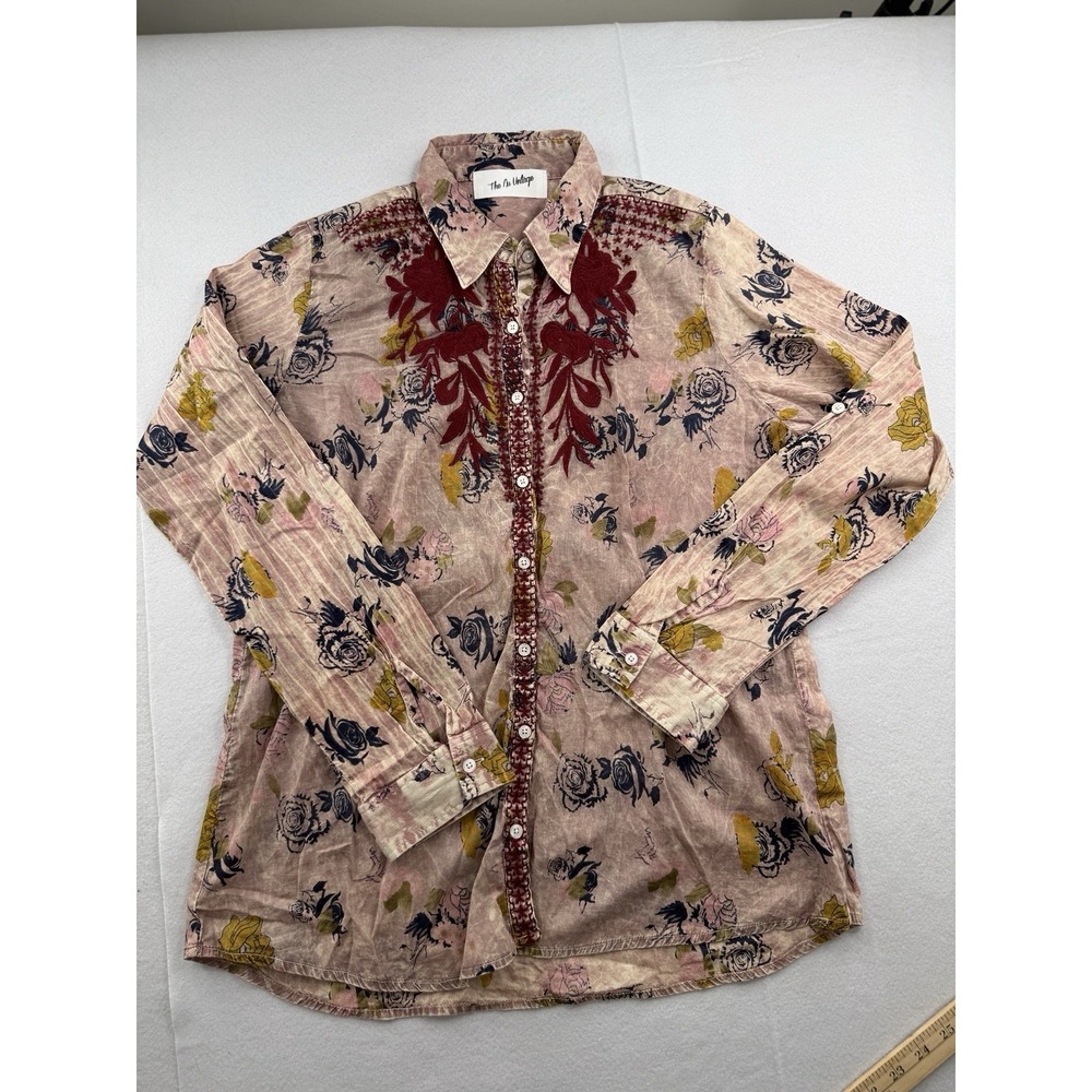 The Nu Vintage Shirt Womens M Pink Rose Floral Embroidered Button Up Boho